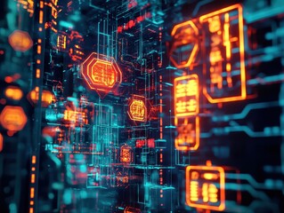 Dynamic digital network visualization futuristic lab abstract art high-tech environment close-up view technology concept