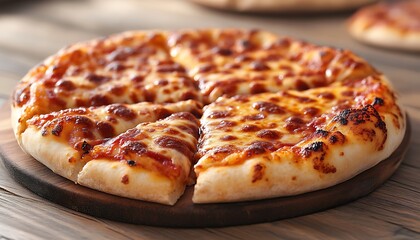 Sliced pizza on wood cutting board tabletop