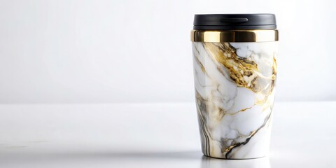 Sleek Gold Travel Mug: Macro Photo, Marble Background, Modern Design