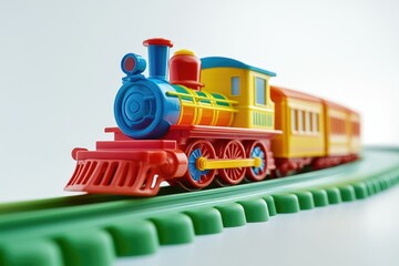 A colorful toy train set on a green track, perfect for imaginative play.