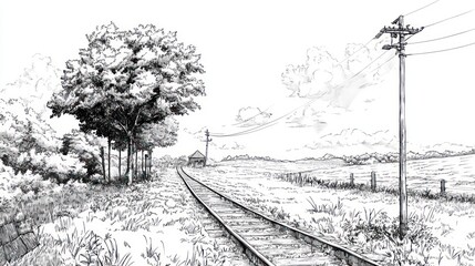 Fototapeta premium Countryside Railroad Tracks Sketch: A Monochromatic Journey