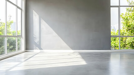 Fototapeta premium Modern Minimalist Interior Room with Large Windows Bright Daylight and Green Trees Outside