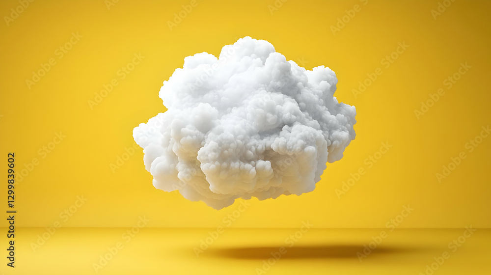Poster fluffy white cloud floating above yellow background with shadow and studio lighting