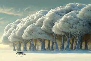 Wolf walks in snowy forest winter landscape