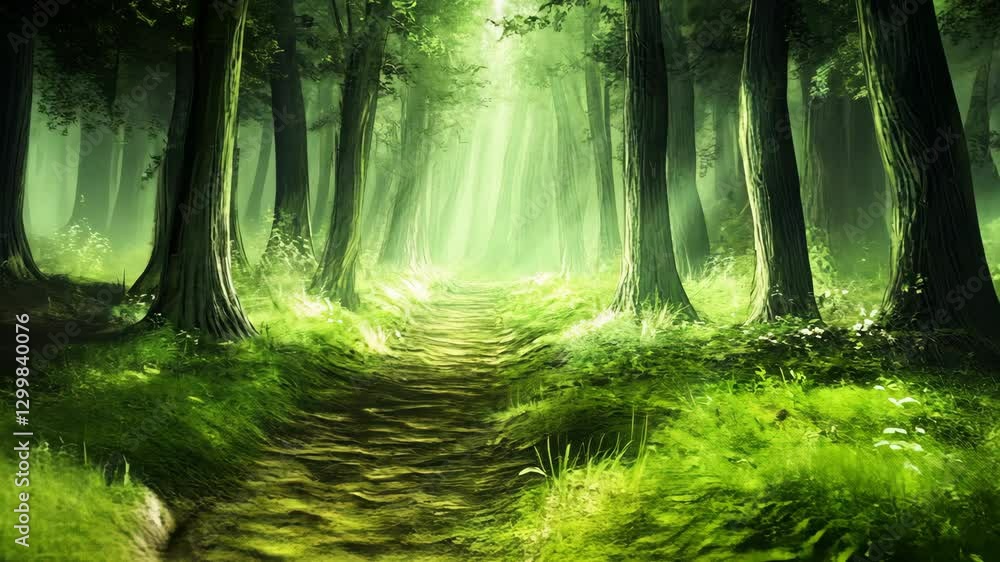 Poster lush forest path illuminated by sunlight filters through tall trees with vibrant greenery on a seren