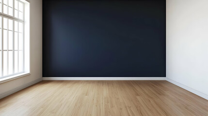 Empty Interior Room With Wooden Floor And Dark Blue Wall Illuminated By Daylight Through A Window