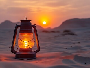 A lantern illuminates the desert landscape at sunset