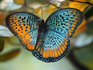 Butterfly with spread wings on autumn leaves