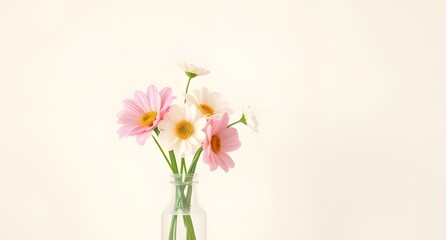 A minimalist composition of a few spring flowers arranged in a glass vase, with a plain pastel-colored wall as the background