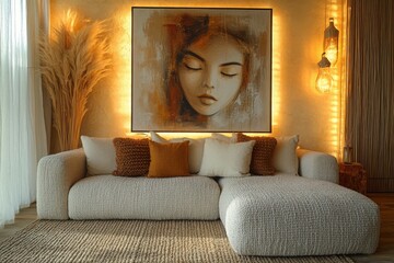 Cozy Living Room with Artwork and Warm Ambient Lighting