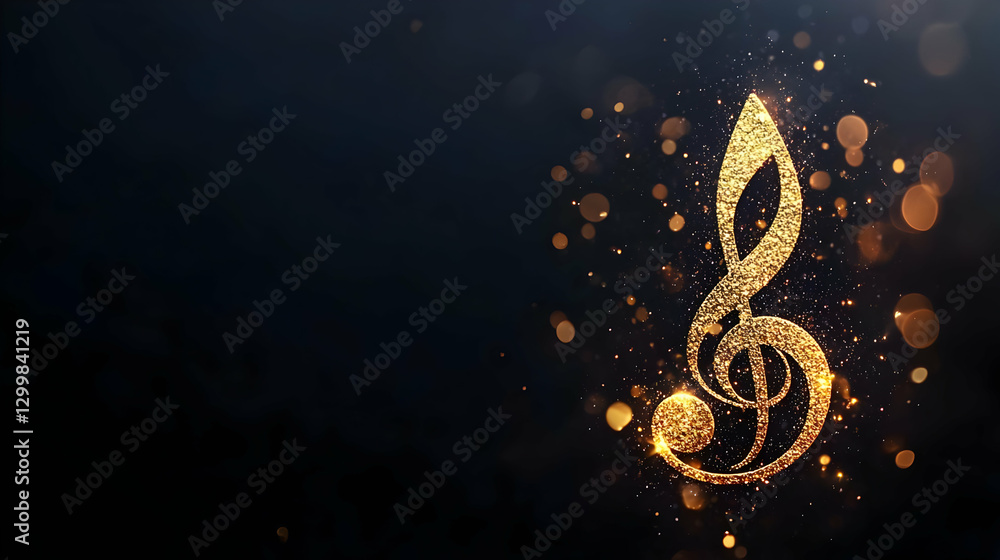 Poster golden treble clef with sparkles and bokeh effect on dark background