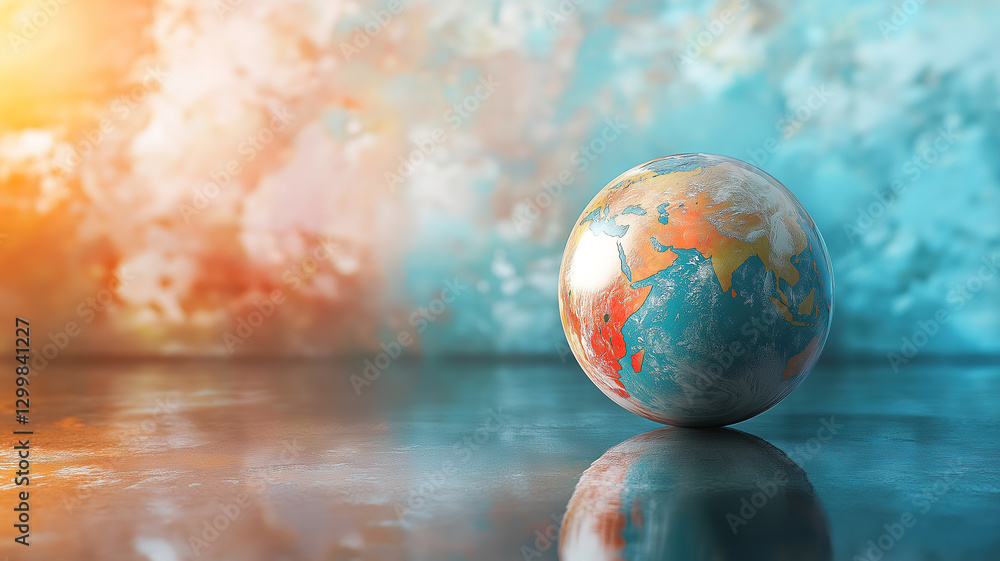 Poster a vibrant globe resting on a reflective surface with a textured wall and soft lighting in the backgr