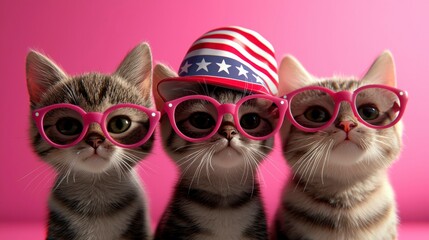 Patriotic Kittens Sporting Pink Glasses and Hat