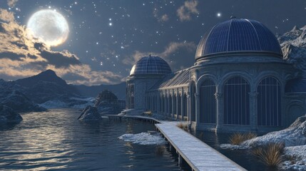 Obraz premium Moonlit Lakeside Palace: A Nighttime Fantasy