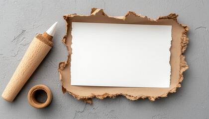 A textured piece of brown paper with a white center, surrounded by a glue applicator and circular brown adhesive, set against a gray surface.