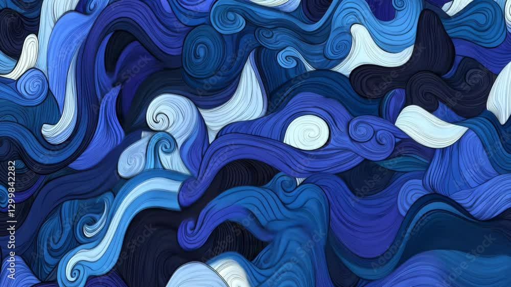 Poster swirling blue and white patterns create a captivating abstract design inspired by ocean waves and wa
