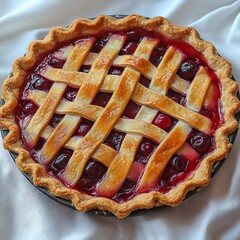 Baked Cherry Pie on White Cloth Backdrop