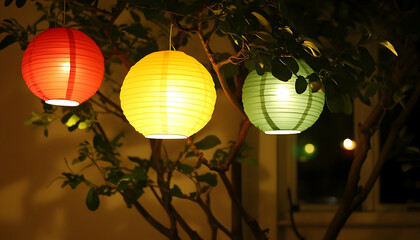 Obraz premium Illuminated paper lanterns in a garden at night