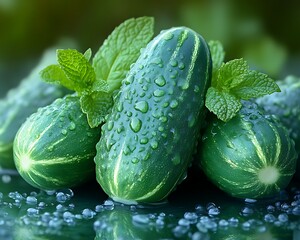 Fresh cucumbers with mint, water droplets, outside