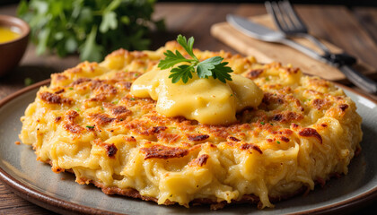 Delicious baked macaroni with cheese on rustic wooden table
