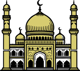 A beautifully illustrated mosque with a grand central dome, two smaller domes, and towering minarets. 