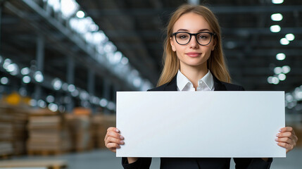 A confident woman in glasses holds a blank sign in a spacious warehouse setting, dressed in professional attire.