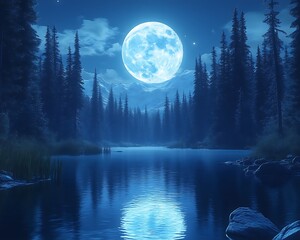 Moonlit lake, mountains, forest at night