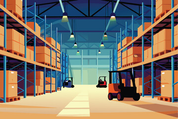 Photograph of a vast industrial warehouse interior showcasing tall, densely packed shelving units filled with various goods.  High ceilings and strong lighting are visible.