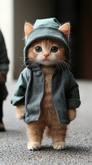 Kitten wears jacket stands on street outside