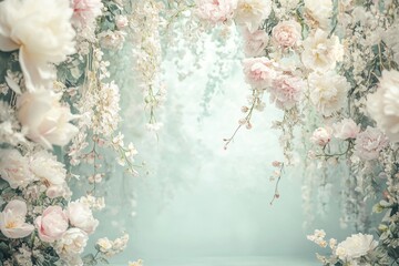 Dreamy floral backdrop with pastel peonies and blossoms.