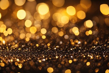Golden bokeh lights on dark glitter. Perfect background for luxury, celebration, or festive designs.