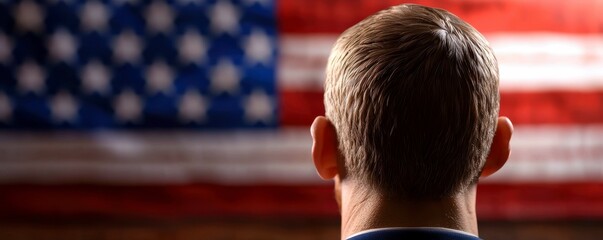 Man Contemplating American Flag Back View Patriotism
