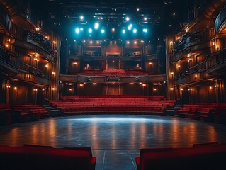 Empty Theater Stage Red Seats and Bright Lights