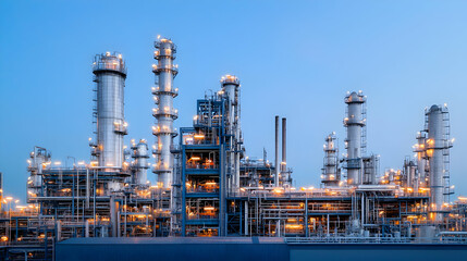 Obraz premium Illuminated Industrial Plant At Night With Blue Sky And Complex Structure of Steel and Pipes