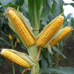 Ripe Yellow Corn Cob on the Stalk in a Field