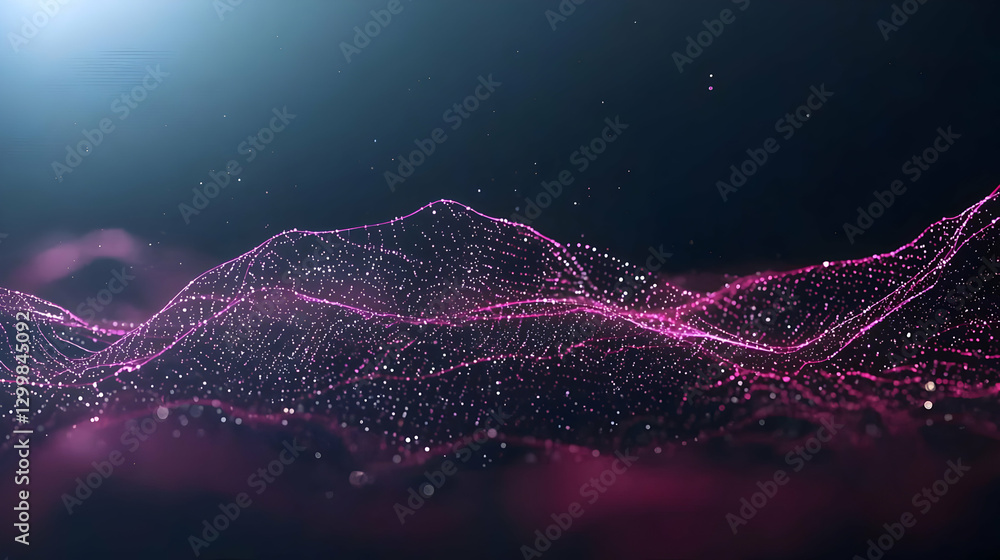 Poster abstract digital wave form with glowing particles in purple and white on dark background