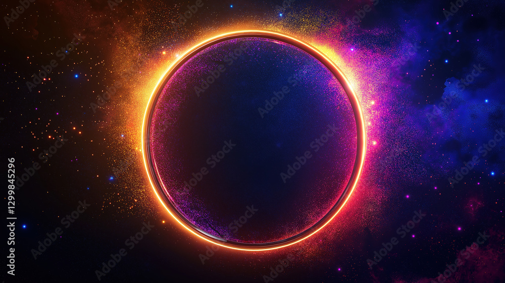 Poster circular neon light frame with a starry backdrop creating a glowing atmosphere