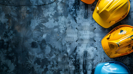 Colorful hard hats arranged on a textured surface, showcasing safety gear for construction workers