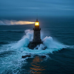 Dramatic Lighthouse Amidst Stormy Ocean Waves