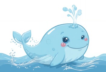 Naklejka premium Cute Cartoon Whale Swimming in Water with a Happy Expression