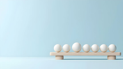 Minimalist Arrangement Of White Eggs On Wooden Shelf Against Light Blue Background