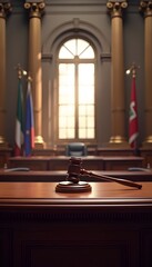 A detailed close-up of a judge’s wooden gavel resting on a sound block, symbolizing justice, law, and authority.
