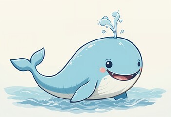 Obraz premium Cartoon Whale Swimming and Spouting Water Cute Animal Illustration