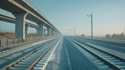 Obraz premium Serene railway tracks stretching into the distance under a clear morning sky with soft fog