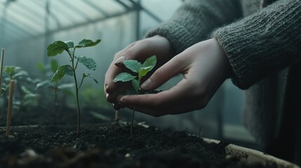 Hands holding seedlings and soil for planting trees on a green background, representing Earth Day concepts and the World environment day