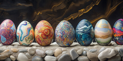 Easter egg extravaganza: a stunning array of vibrantly decorated eggs in intricate designs, displayed on a bed of stones with an abstract golden and dark backdrop