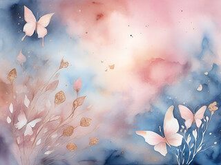 abstract watercolor background with clouds, flowers and butterflies
