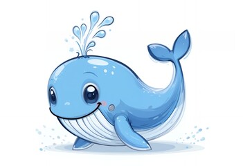 Cute Blue Cartoon Whale Spouting Water Perfect for Children's Illustration