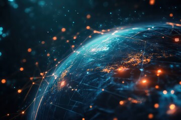 Obraz premium A technology-focused global background featuring a digitalized earth and blockchain nodes.