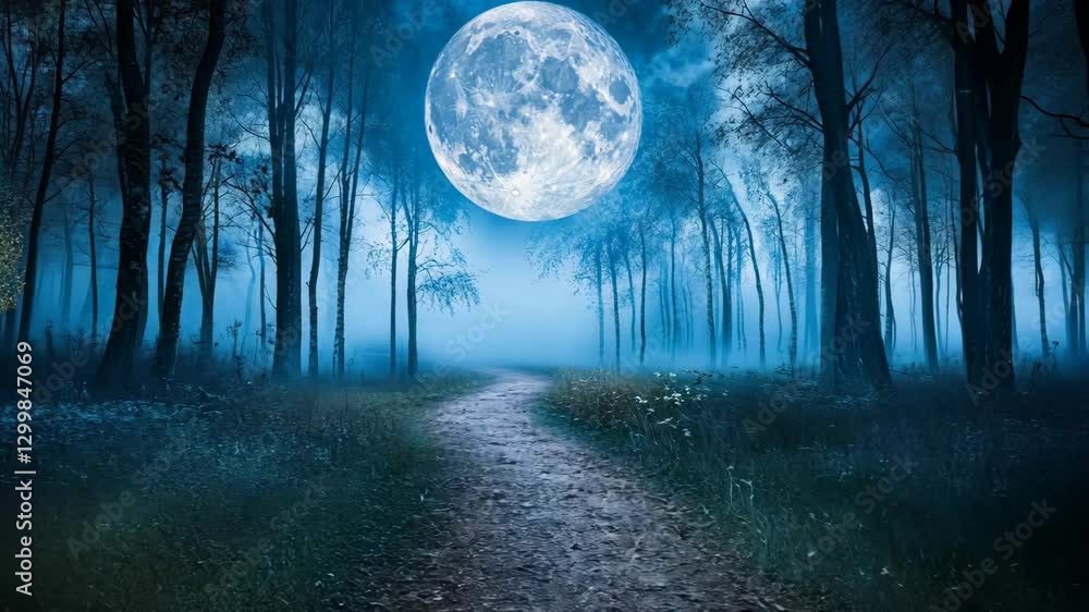Poster full moon illuminates a serene forest path creating a mystical nighttime atmosphere
